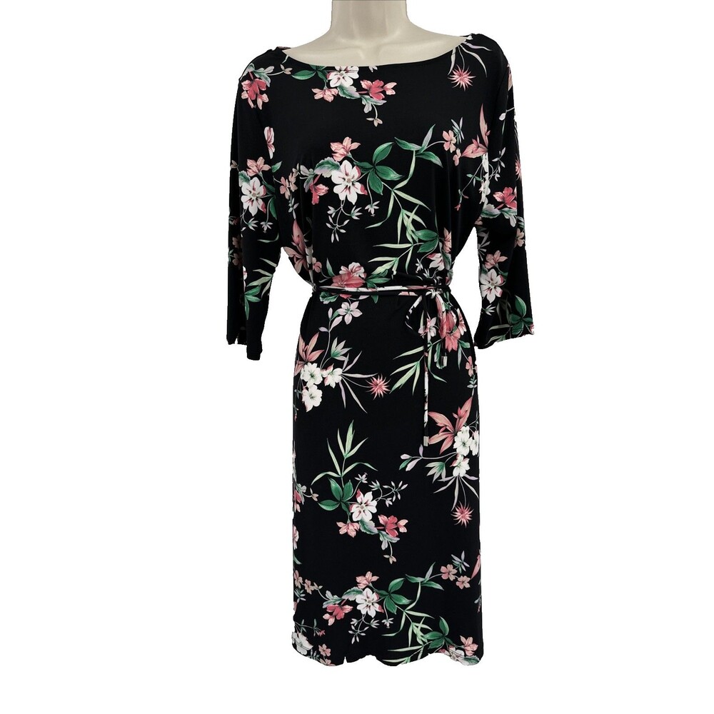 Liz Cliaborn Career Dress L Black Pink Floral Garden Tie Jersey Knit 3/4 Slv